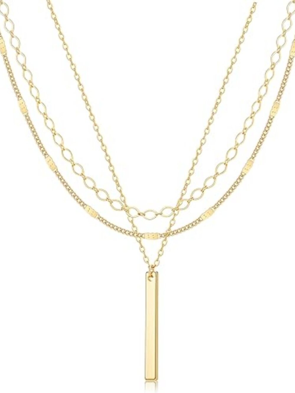 14K Gold Layered Necklace Set Cross Bar Herringbone Figaro Paperclip Chain - Picture 4 of 6